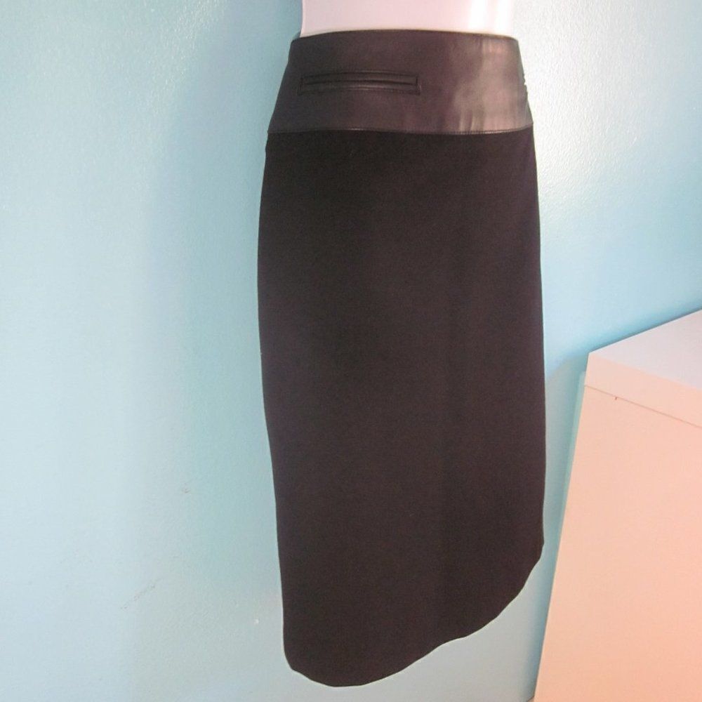 Worth Size 4 Black Classic Knee Length Pencil Skirt with Leather Trim 32" Waist
